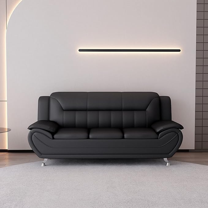 Container Furniture Direct Michael Modern Faux Leather Upholstered Stainless Steel Legs Living Room Sofa, Loveseat, Midnight