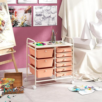 COSTWAY Rolling Storage Cart with 9 Drawer, Mobile Utility Cart with Metal Frame, Art Supply Craft Organizer, Multipurpose Storage Organizer for Paper, Office, School Teacher, Classroom, Peach