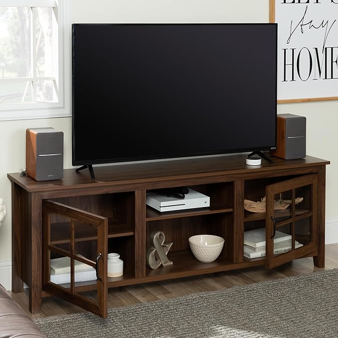 Walker Edison Portsmouth Classic 2 Glass Door TV Stand for TVs up to 80 Inches, 70 Inch, Dark Walnut