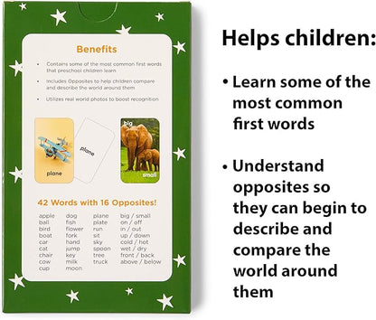 Award-Winning First Words & Opposites Flash Cards for Kids Ages 2-8 – 36 Durable Cards with Real Pictures – Preschool, Kindergarten & Early Elementary Learning