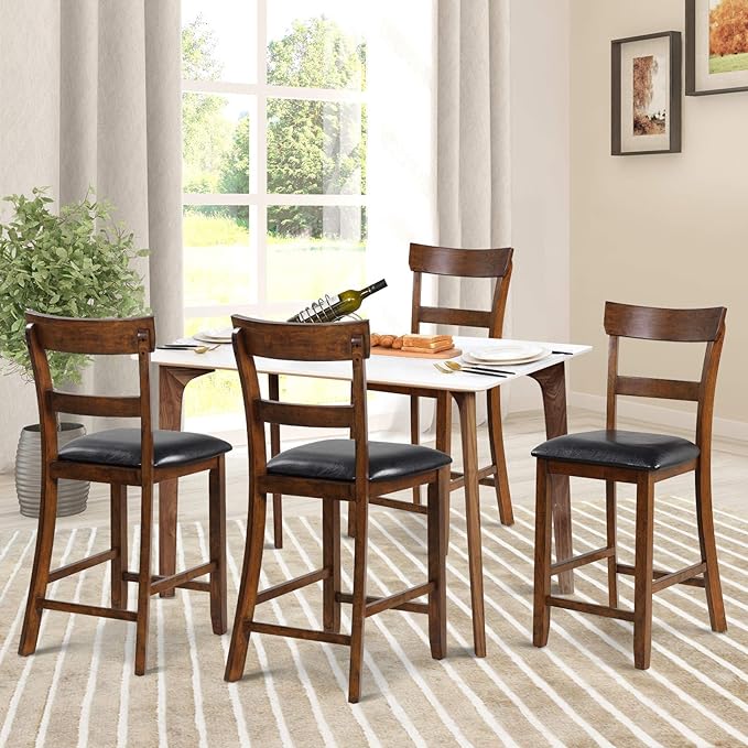 COSTWAY Barstools Set of 4, 25.5-Inch Counter Height Chair with Backrest, Foam-Padded Cushion, Rubber Wood Legs, Wooden Vintage Dining Chair for Bistro, Living Room, Kitchen, Brown and Black