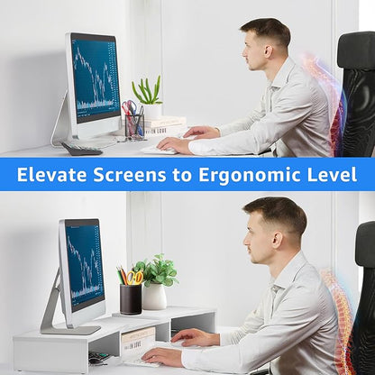 Dual Monitor Stand Riser for 2 Monitors, Monitor Stand for Desk, Adjustable Length & Swivel Angle Wooden Desktop Organizer Stand Riser with Smartphone Holder for PC Monitor Laptop, White