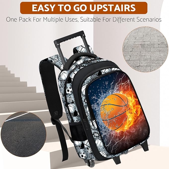 Boys Rolling Backpack for Kids - Basketball Kids Rolling Backpack with Wheels for Elementary Middle School Students - Sport Roller School Bookbag Aged 6-18, Wheeled Travel Bag Large Capacity
