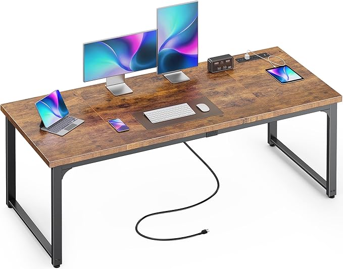 Huuger 63 x 24 inch Desk with Power Outlets & USB-C, Deeper & Thicker Desktop, Robust Metal Tubes, Computer Desk, Heavy Duty Office Desk, Work Gaming Desk, for Home Office, Rustic Brown