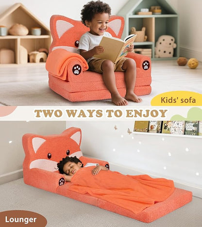 Kids Couch, 2-in-1 Soft Toddler Couch Fold Out with Blanket, Chair Comfy, Foldable Convertible Plush Sofa to Lounger, Gifts for Kids Girl Boys, Fox