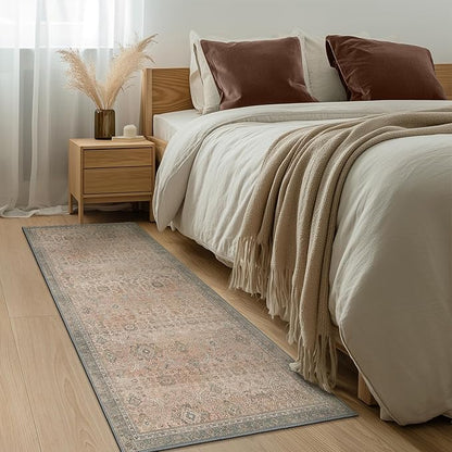 2x10 Runner Rug Machine Washable Boho Runners for Hallway,Ultra-Thin Low Pile Rug,Lightweight Indoor Carpet,Non Slip Floral Runners for Enrtyway, Corridor, Home Office, Kitchen,Light Beige