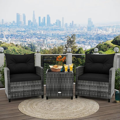 RELAX4LIFE 3 Piece Patio Furniture Set, Wicker Bistro Conversation Set w/2 Cushioned Armchairs & Glass Topped Table, Outdoor Rattan Sofa Set Patio Furniture for Porch Balcony Poolside (Grey-Black)