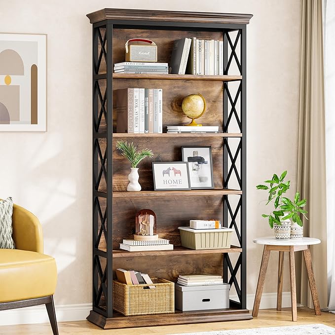 Tribesigns 6-Tier Bookcase, 71 Inches Industrial Bookshelves and Bookcases, Floor Standing 5 Shelf Display Storage Shelves Tall Bookcase for Home Office, Living Room, Bed Room, Brown and Black