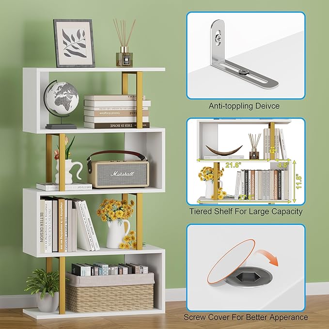 Yusong Geometric Bookcase, S Shaped Bookshelf 4-Tier Book Shelves for Bedroom, Modern Wood Decorative Display Shelf Tall Book Case for Home Office, Gold and White