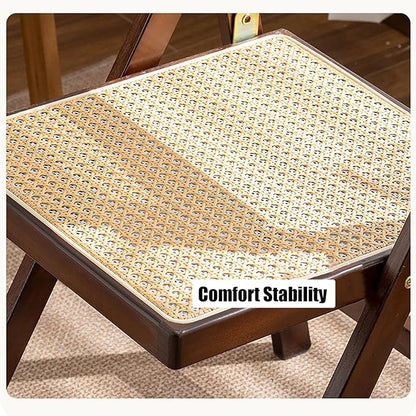 KISKIS Wooden Rattan Folding Chairs Portable Save Space Kitchen Dining Chair for Balcony Living Room, with Mesh Elastic Seat and Curved Back, 400LBS,1 Pack