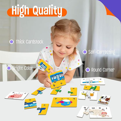 Self-Correcting Spelling Puzzles, Double-Sided Three and Four-Letter Word Spelling Cards with Picture Matching, 48 First Words Learning for Kindergarten Readiness, Preschool Ages 4+