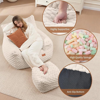 Bean Bag Chair Foot Rest, Modern Comfy Couch Sofa Ottoman for Adult, Faux Fur Foot Stool with Filler, Soft Cozy Footrest for Bedroom, Living Room