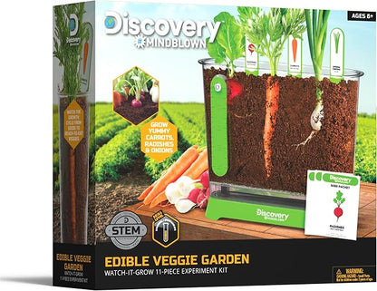 Discovery™ Edible Veggie Garden Watch-It-Grow Kit – DIY STEM Activity for Kids | Grow Carrots, Radishes & Onions| 11-Piece Science Kit with Seeds, Potting Mix & Root Tracker| Learning Toy Gift Ages 6+