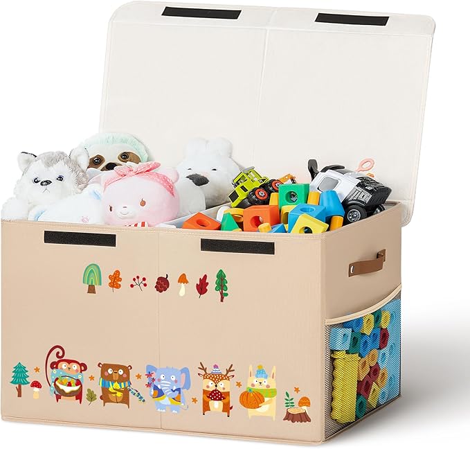 80L Large Toy Storage Box with Lid, Large Toy Box Chest for Kids, Girls and Boys, Nursery Room and Living Room, 26"x13" x16" (Dark Khaki-animal)