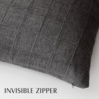 Foindtower Set of 2 Decorative Linen Check Throw Pillow Covers Neutral Farmhouse Vintage Cushion Covers Modern Boho Home Decor for Sofa Chair Couch Bedroom Living Room Outdoor,18×18 Inch,Charcoal