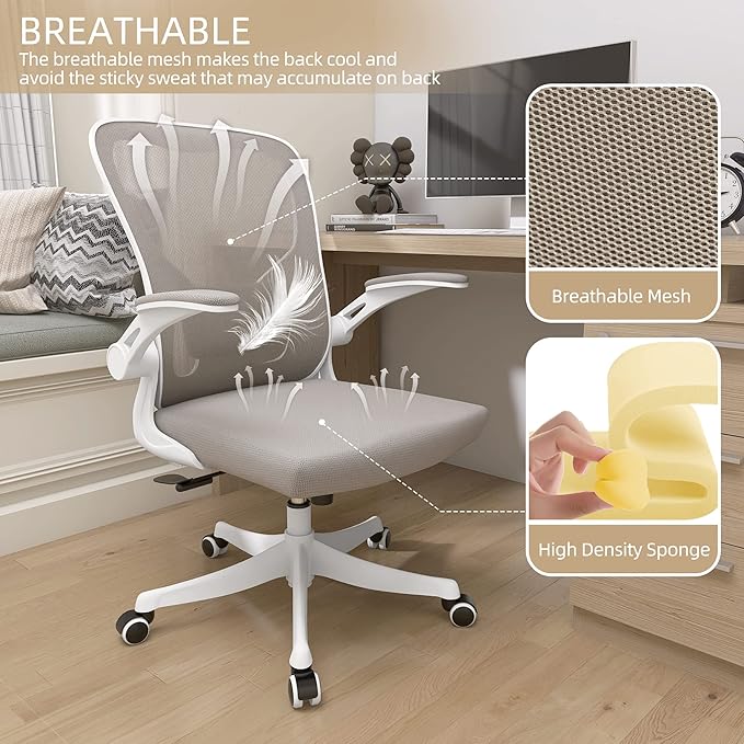Monhey Office Chair Ergonomic Desk Chair with Lumbar Support&Headrest&Flip-up Arms Height Adjustable Rocking Swivel High Back Computer Chair Warm Taupe Mesh Study Chair (01Khaki)