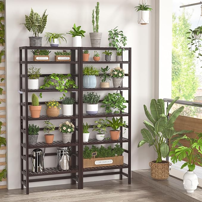 Homykic 6-Tier Bamboo Bookshelves and Bookcases, Adjustable 63.4”Tall Shallow Book Shelf Organizer Rack, Freestanding Storage Shelving Unit for Living Room, Kitchen, Bathroom, Office, Espresso