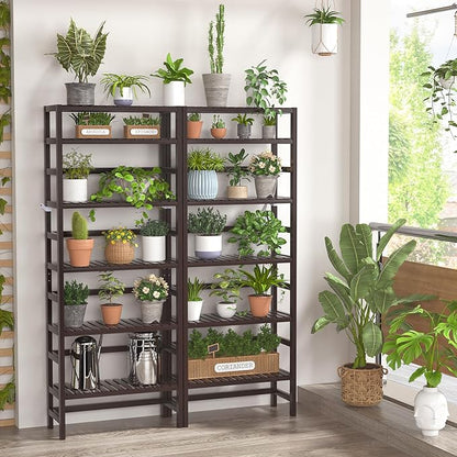 Homykic 6-Tier Bamboo Bookshelves and Bookcases, Adjustable 63.4”Tall Shallow Book Shelf Organizer Rack, Freestanding Storage Shelving Unit for Living Room, Kitchen, Bathroom, Office, Espresso