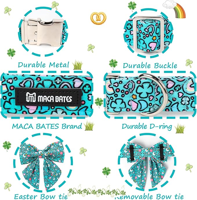 Maca Bates St. Patrick's Day Shamrock Dog Collar,Sailor Bow,Extra Large Girl Boy Dogs,Cute Rainbow,Four Leaf Clover Pattern,Adjustable Durable Soft Collars Irish Gift for Male Female Puppy