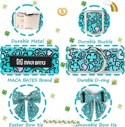 Maca Bates St. Patrick's Day Shamrock Dog Collar,Sailor Bow,Extra Large Girl Boy Dogs,Cute Rainbow,Four Leaf Clover Pattern,Adjustable Durable Soft Collars Irish Gift for Male Female Puppy