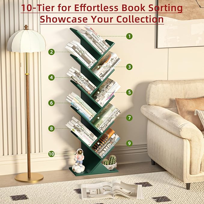 10 Tier Tree Book Shelf, Floor Standing Wood Bookshelf for Narrow Space, Storage Organizer Bookshelves for Books/CDs/Magazine, Bookcase with Shelves for Home Office, Living Room