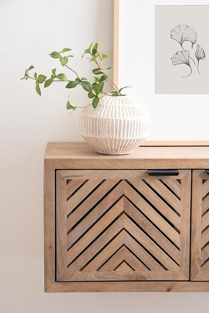 Kate and Laurel Mezzeta Decorative Two-Door Wall Cabinet; 30 x 10 x 14; Natural Wood; Decorative Modern Storage Cabinet for Use as Floating Nightstand or Floating TV Shelf
