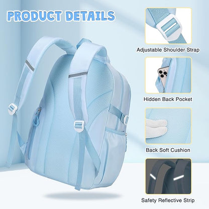 3PCS Girls Backpack for School, Kids Backpack for Girls with Lunch Box Pencil Case Set for Teen Girl Elementary Primary Middle High College School Bookbag with Cute Pins (Blue)