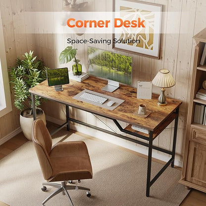 Computer Desk 48 X 24 inch, Gaming Desk for Small Spaces, Modern Simple Style Table for Home Office, Study Student Writing Table (Shelf, Rustic Brown, 48 inch)