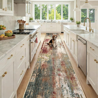 Washable Area Rugs 2'6'' x14 Non-Slip Modern Abstract Soft for Living Room Entryway Bedroom Nursery, Print Pattern, Brown Rust Red Green Blue Multi
