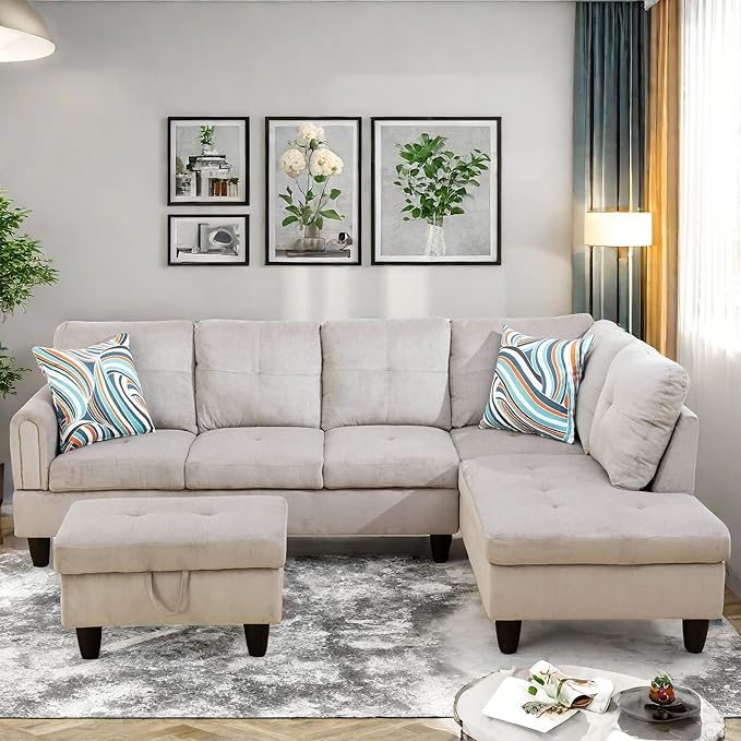 Convertible Sectional Couch, Large L Shaped Couch with Storage, Modern Modular 5-Seat Sectional Sofa with Ottomans for Living Room and Office, Grey White