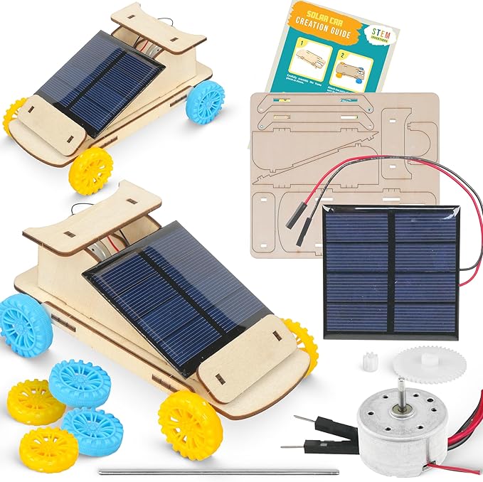 Solar Powered Car Kit (2-Pack) – Build-Your-Own Wooden Solar Vehicles for Kids, STEM Engineering Project Kits for Classroom, Renewable Energy Science Experiments, Ages 8 and up