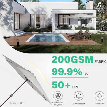 JEAREY 12' Patio Umbrellas Outdoor Table Market Umbrella w/Crank, 8 Sturdy Ribs, UV Protection Windproof for Garden, Deck, Backyard, Pool(Foggy Gray)