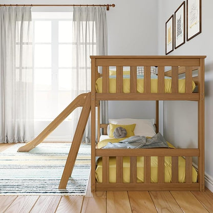 Max & Lily Twin Over Twin Low Bunk with Slide and Ladder, Wooden Bunk beds with 14” Safety Guardrail for Kids, Toddlers, Boys, Girls, Teens, Bedroom Furniture, Pecan