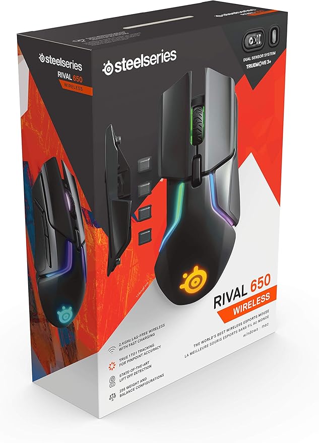 SteelSeries Rival 650 Quantum Wireless Gaming Mouse - Rapid Charging, 12,000 Cpi Dual Sensor, 256 Weight Configs, 8 Zone RGB Lighting