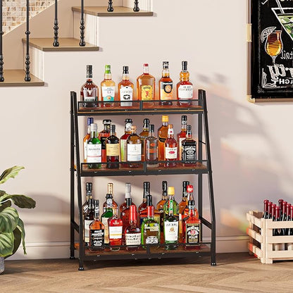3-Tier (Safe Height for Kids & Pets) Expanded Liquor Stand, Trapezoid Wine Rack Freestanding Floor, Large-Capacity Bar Stand for Liquor Whiskey Wine Storage, Vintage Liquor Cabinet Bar for Home