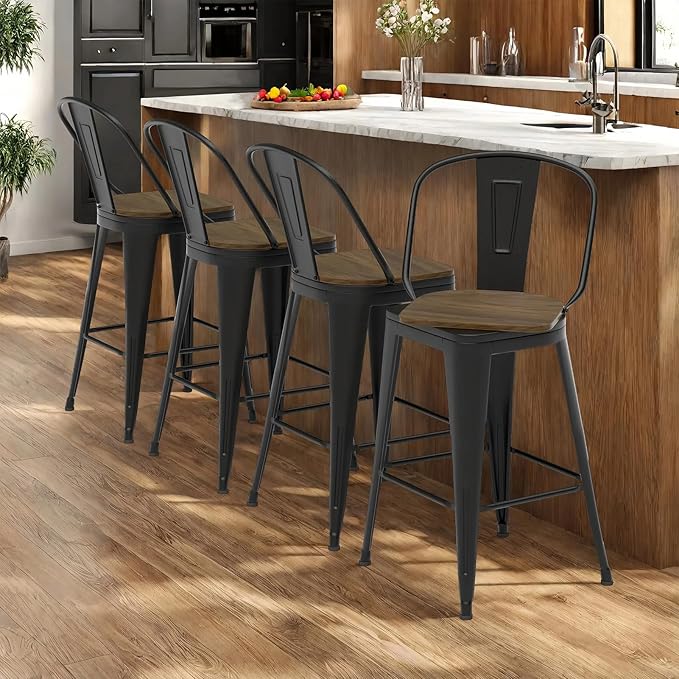 24” Swivel Bar Stools Set of 4, Counter Height Bar Stools Wooden Seat, Metal Industrial Bar Chairs with High Back for Kitchen Island (Black)