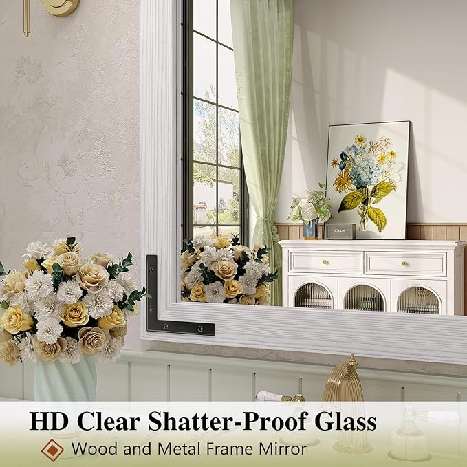 Farmhouse Bathroom Mirror, 28x32 Inch White Vanity Mirror for Wall, Wood Framed Rustic Mirror Rectangular Wall Decor Mirrors for Entryway Living Room Bedroom