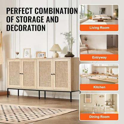 VEVOR Rattan Storage Cabinet with 4 Magnetic Doors and Adjustable Shelves, Sideboard Buffet for Hallway, Entryway, Living Room, or Kitchen, Natural