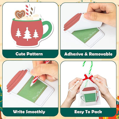 Xqumoi Christmas Coffee Cup Sticky Notes with Pen Gift Set - 24 Set Xmas Tree Self Sticky Writing Memo Pads Ballpoint Pens with Mesh Bag Party Favors School Classroom Rewards Office Suppliess
