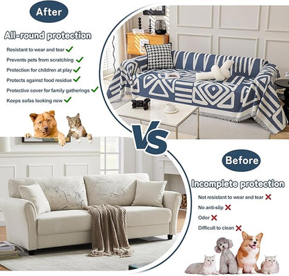 HANDONTIME Boho Couch Covers for Sofa Chenille Sofa Covers Washable Sectional Sofa Cover Blanket Geometric Reversible Couch Cover for L Shaped Couch Couch Protector for Dogs, 71" X118", Denim Blue
