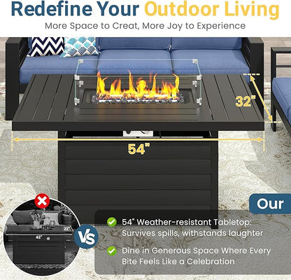 Wisteria Lane Aluminum Patio Furniture Set, 7 Seats Metal Outdoor Furniture Set with CSA Certified 54in Propane Gas Fire Pit Table, Patio Conversation Set with 5in Olefin Cover Cushions (Blue)