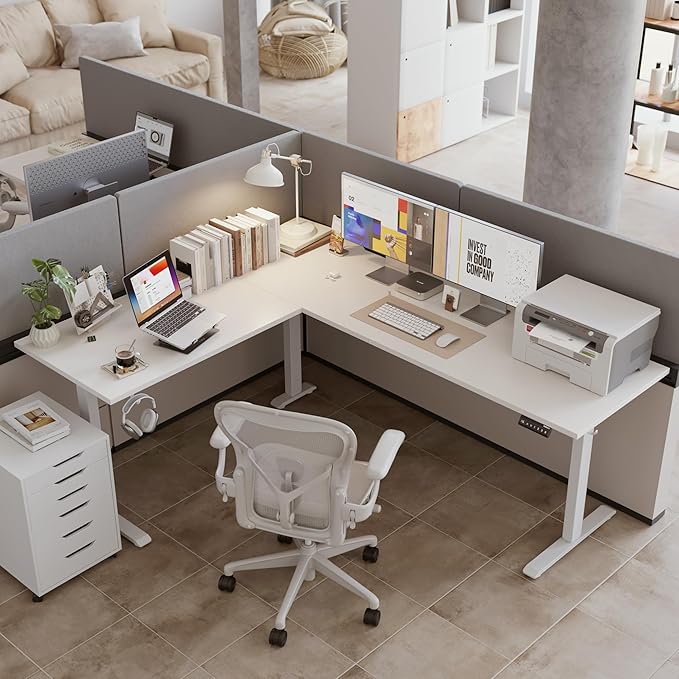 Agilestic L-Shaped Standing Desk Adjustable Height, Electric Corner Standing Desk, Sit Stand Up, 75x61 inch Sit Stand Computer Table, White