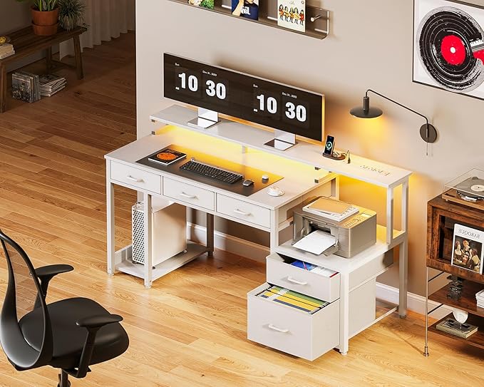 AODK 55 Inch Computer Desk with 3 Drawers and File Cabinet for Storage, Office Desk with Monitor Stand and LED Lights, Home Office Desks, White