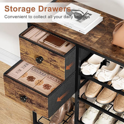 5-Tier Shoe Rack with 2 Fabric Drawers, Metal Frame and Wooden Board Shoe Organizer for 16-20 Pairs of Shoes, Shoe Shelf with Boots Storage for Entryway Closet Rustic Brown