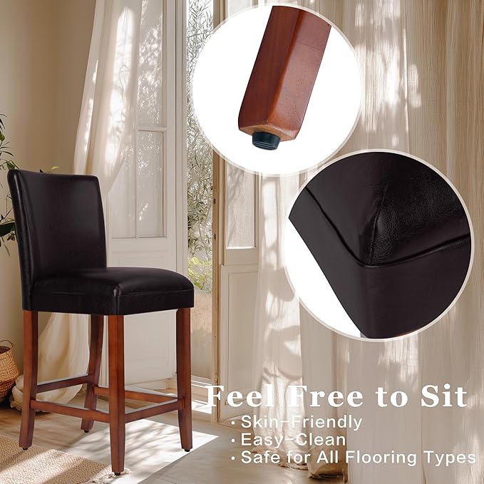 HomePop Home Decor | Classic Counter Height Bar Stools | 29 Inch Bar Stools | Decorative Home Furniture (Brown Faux Leather) Single Pack