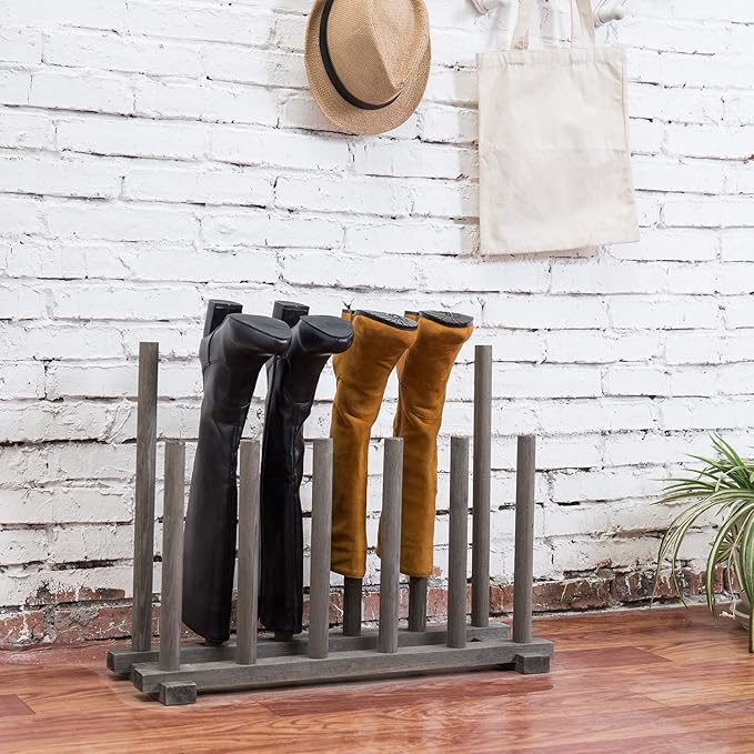MyGift Vintage Weathered Gray Solid Wood Floor Standing Boot Holder Rack, Wooden Entryway Shoe Storage Organizer Stand Holds 6 Pairs of Tall and Short Boots