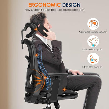 GABRYLLY Ergonomic Office Chair, High-Back Desk Chairs with Adjustable Lumbar Support, Headrest, Tilt Function, Soft Wide Seat and 3D Armrest, 300 LBS Sturdy Home Mesh Chair Task Chairs, GY1070