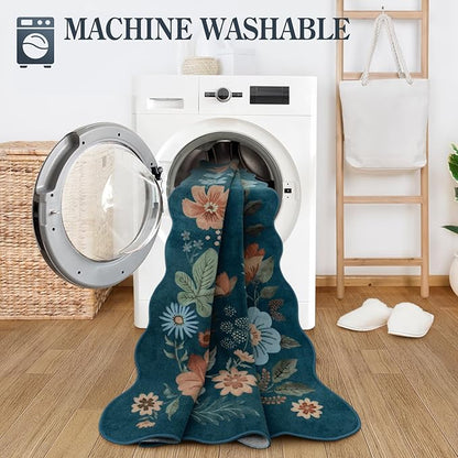 Lahome Floral Rugs for Entryway, 2x4 Washable Kitchen Rugs Ultra-Thin, Non Slip Indoor Door Mat Stain Resistant Boho Small Low-Pile Throw Carpet for Bathroom Bedroom(2x4ft,Navy Blue)