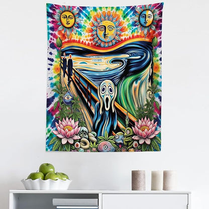 Ambesonne Trippy Tapestry, Tie Dye Effect Esoteric Sun Moon Psychedelic the Scream Interpretation with Flowers, Fabric Wall Hanging Decor for Bedroom Living Room Dorm, 23" x 28", Multicolor