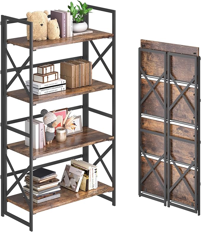4NM 4 Tiers No Assembly Book Shelves, 41.3" H Folding Bookshelf Bookcase Open Industrial Foldable Shelves for Bedroom, Living Room, Home Office - Rustic Brown Black